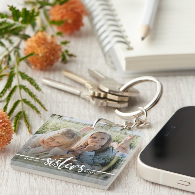 Sisters Script Modern Photo Keychain (Front Right)