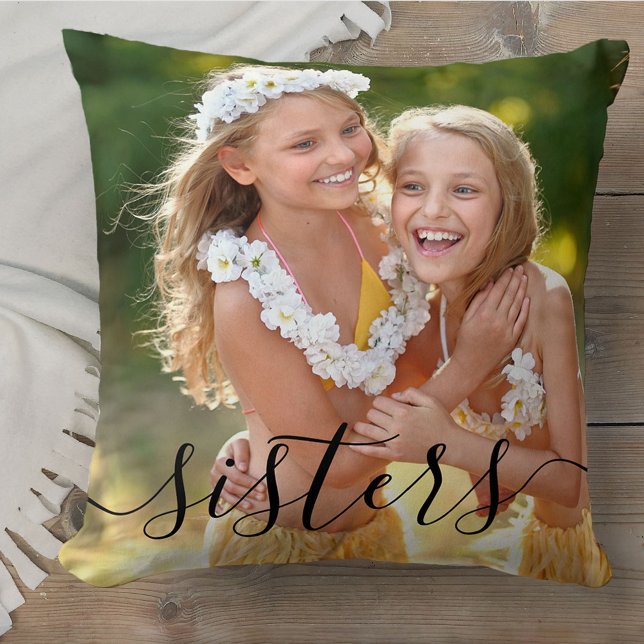 Sisters Script Overlay 2 Photo Personalized Throw Pillow (Creator Uploaded)