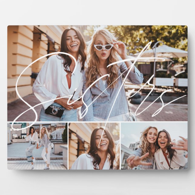 Sisters Script Overlay, Multiple Photo Grid Trendy Plaque (Front)