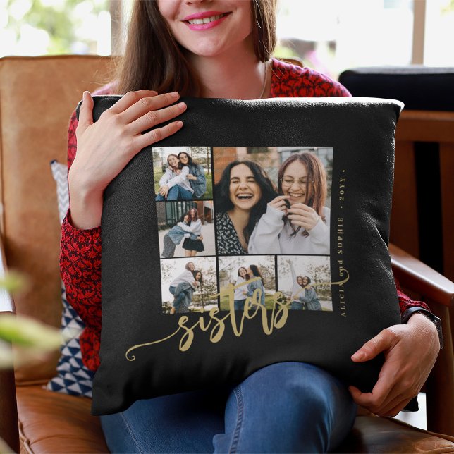 Sisters script photo collage gift throw pillow (Creator Uploaded)