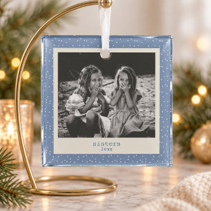 Sisters Simple Modern Blue Dots Customized Photo Glass Ornament