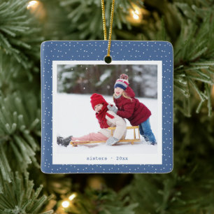 Sisters Simple Modern Blue Dots Personalized Photo Ceramic Ornament