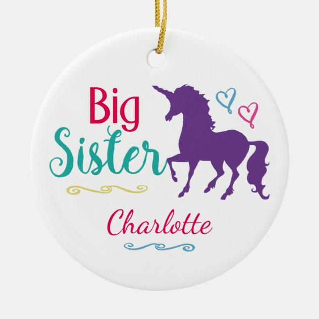 Sisters Unicorn Big Sister Personalized Christmas Ceramic Ornament (Front)