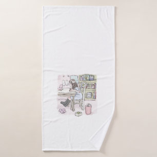 sit down at a desk in a small room bath towel