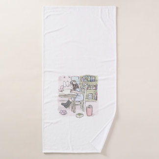 sit down at a desk in a small room bath towel