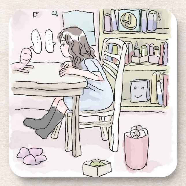 sit down at a desk in a small room coaster (Front)