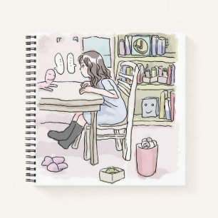 sit down at a desk in a small room notebook