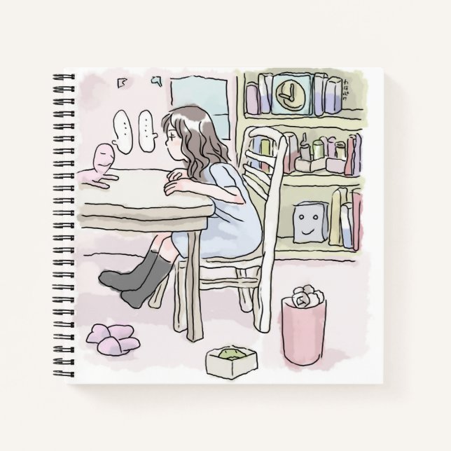 sit down at a desk in a small room notebook (Front)