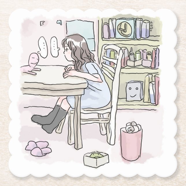 sit down at a desk in a small room paper coaster (Front)