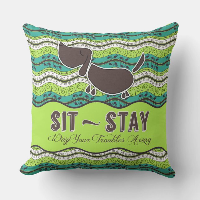 Sit Stay Wag Your Troubles Away Dog Lover Monogram Throw Pillow (Front)