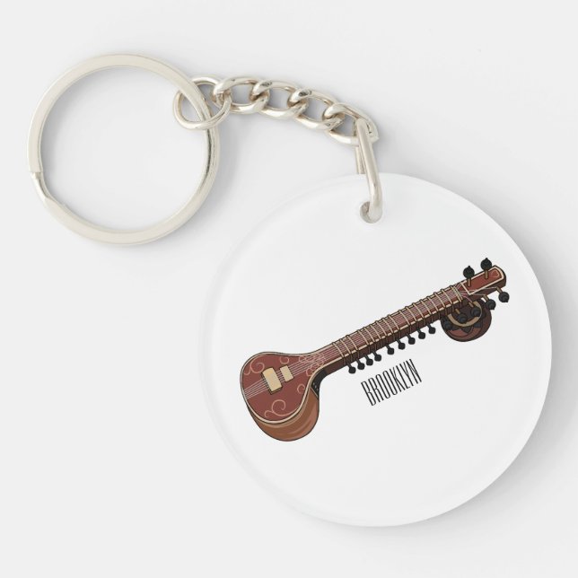 Sitar cartoon illustration keychain (Front)