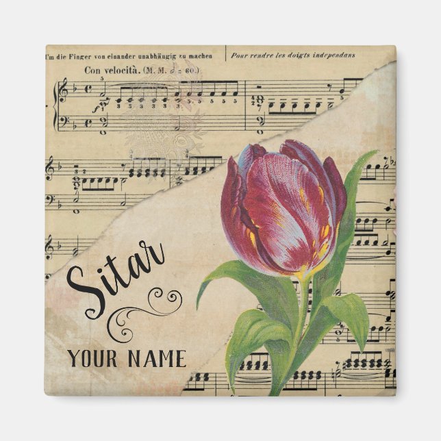 Sitar Tulip Vintage Sheet Music Customized Magnet (Front)