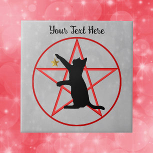 Sitting Black Cat Gold Star on Red Pentagram Grey Tile