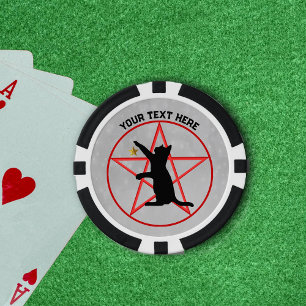 Sitting Black Cat on Red Pentagram in Circle Grey Poker Chips