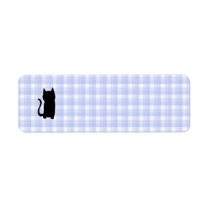 Sitting Black Cat Silhouette. On pale blue check.