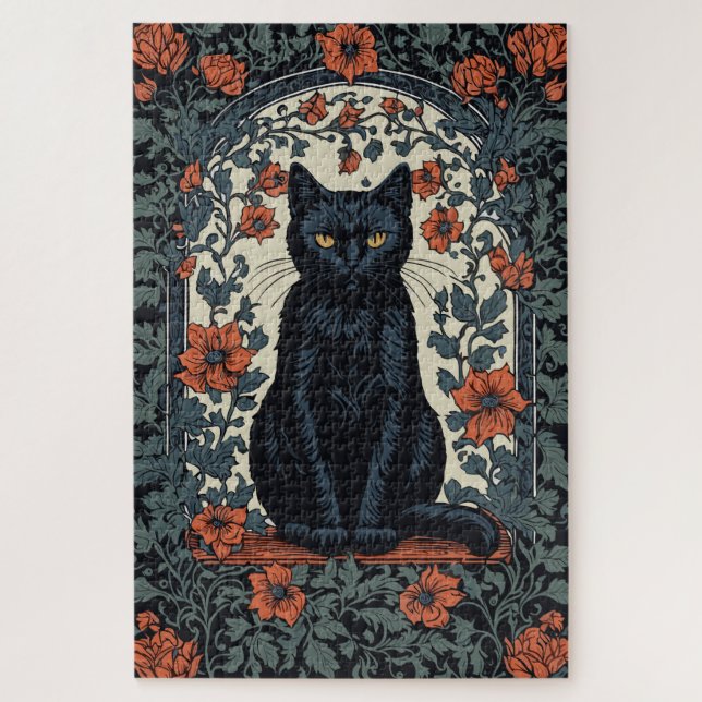 Sitting Black Cat Vintage Floral Jigsaw Puzzle (Vertical)