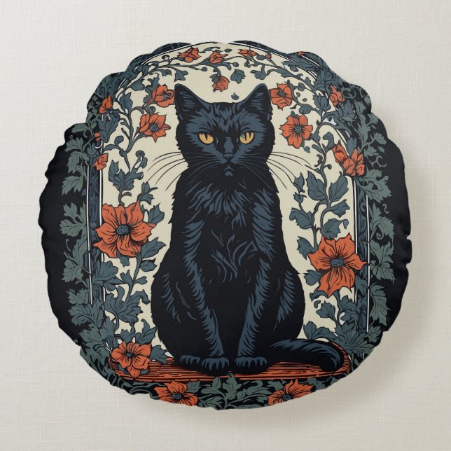 Sitting Black Cat Vintage Floral Round Pillow (Front)