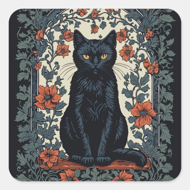 Sitting Black Cat Vintage Floral Square Sticker (Front)