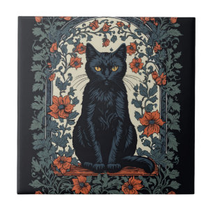 Sitting Black Cat Vintage Floral Tile