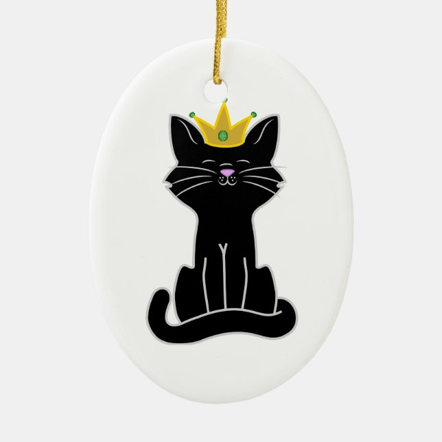 Sitting Black Cat with Gold Crown Ceramic Ornament (Front)