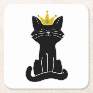Sitting Black Cat with Gold Crown Square Paper Coaster