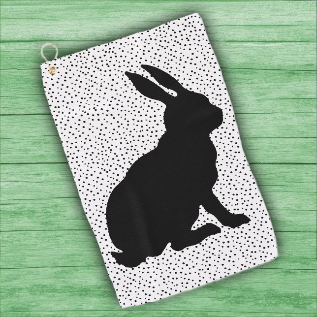 Sitting Black Rabbit Side Profile Polka Dots Golf Towel (Black Silhouette sitting rabbit on white with black polka dots golf towel.)