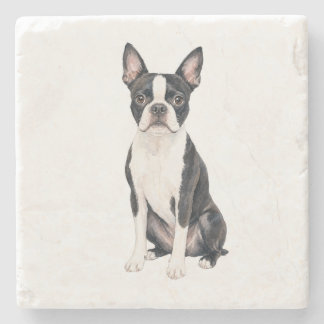 Sitting Boston Terrier Natural Stone Coaster