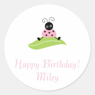 sitting bug on leaf, Happy Birthday!Miley Classic Round Sticker