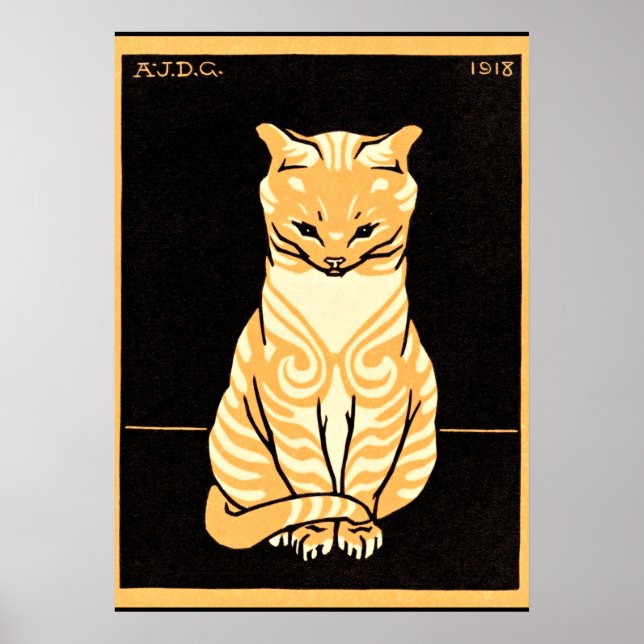 Sitting Cat, Art Nouveau illustration Poster (Front)