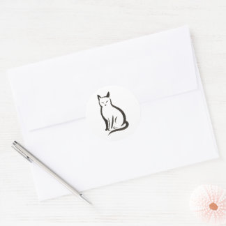 Sitting Cat – Minimalist Ink Silhouette on Classic Round Sticker