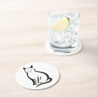 Sitting Cat – Minimalist Ink Silhouette on Round Paper Coaster