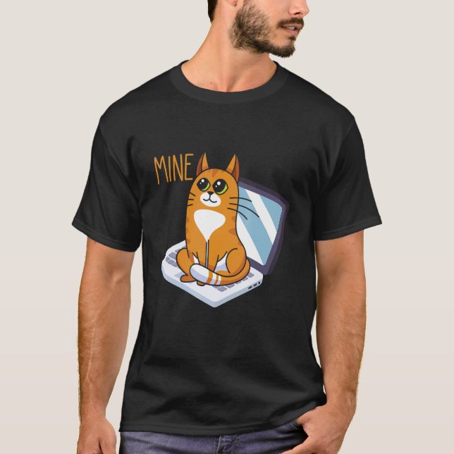 Sitting Cat on Computer Funny Home Office Kitty T-Shirt (Front)