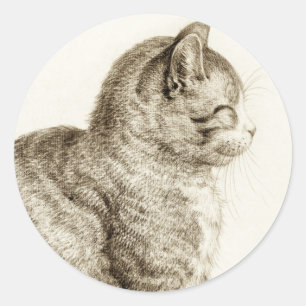 Sitting cat vintage sepia pencil drawing classic round sticker