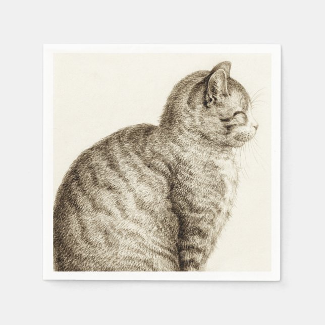 Sitting cat vintage sepia pencil drawing napkin (Front)