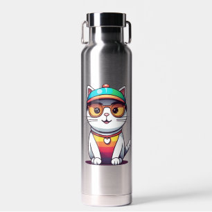 Sitting Cat Wearing Glasses and Hat Clipart Water Bottle