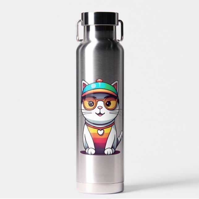 Sitting Cat Wearing Glasses and Hat Clipart  Water Bottle (Front)