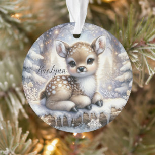 Sitting Fawn in Snowflake Forest Ornament