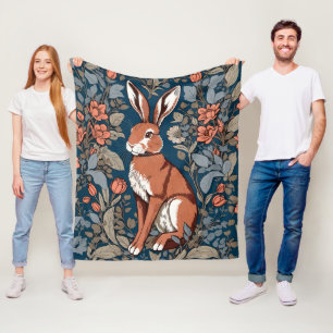 Sitting Hare William Morris Inspired Floral Fleece Blanket