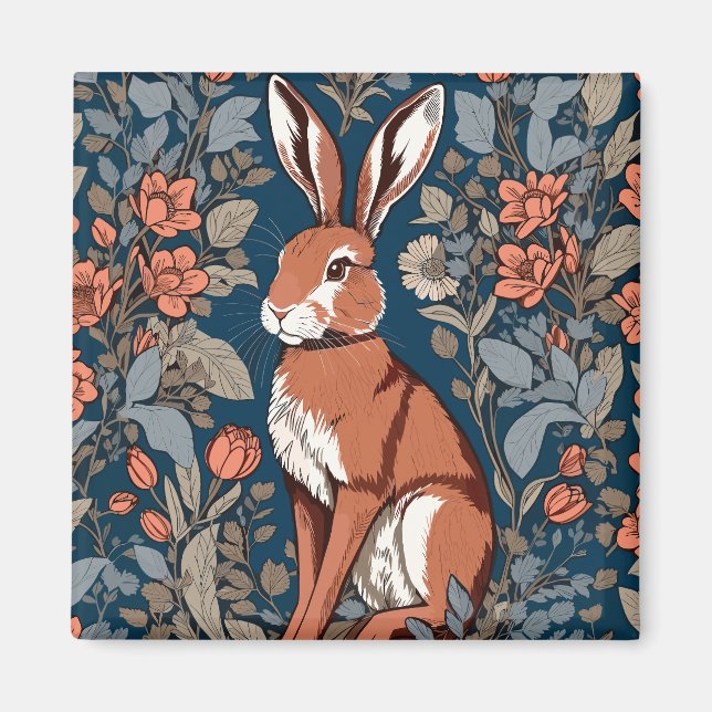 Sitting Hare William Morris Inspired Floral Magnet (Front)