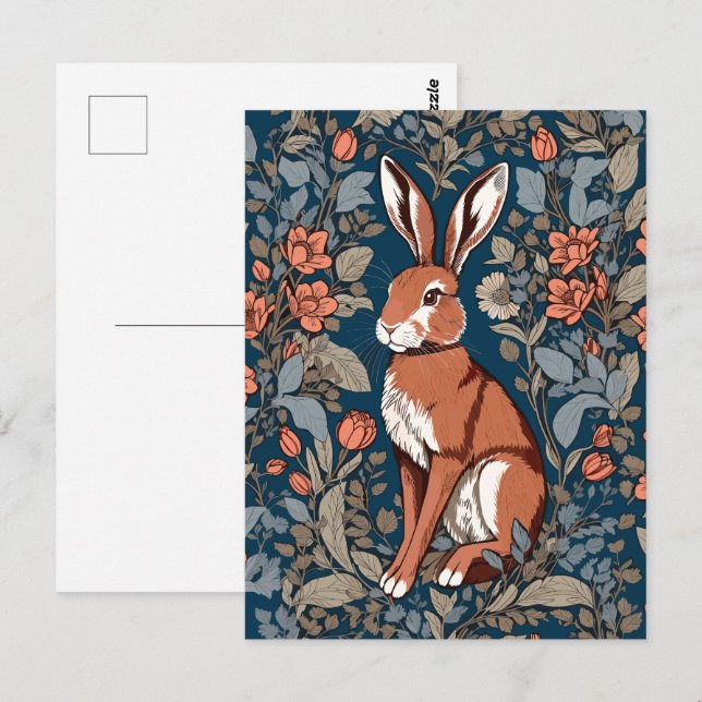 Sitting Hare William Morris Inspired Floral Postcard (Front/Back)