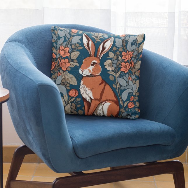 Sitting Hare William Morris Inspired Floral Throw Pillow (Creator Uploaded)