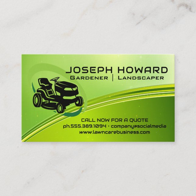 Sitting Lawn Mower | Green Background Business Card (Front)