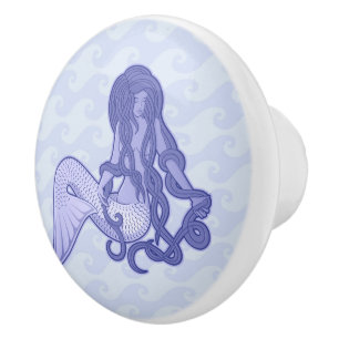Sitting Mermaid Blue Ceramic Knob