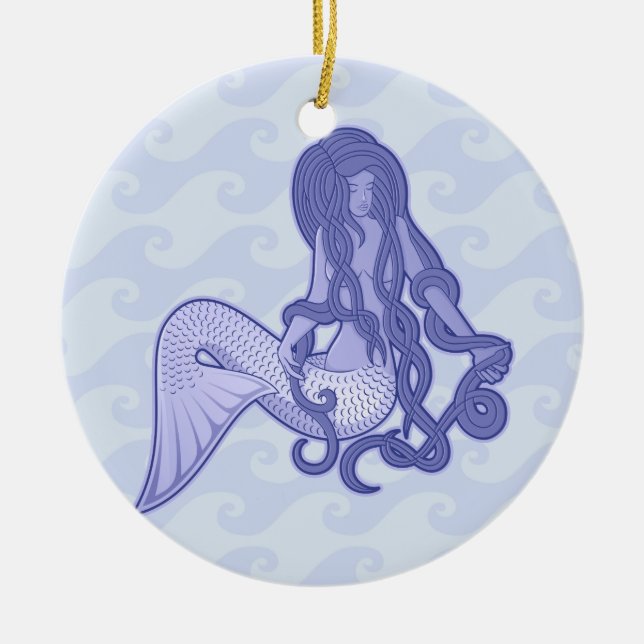 Sitting Mermaid Blue Ceramic Ornament (Front)
