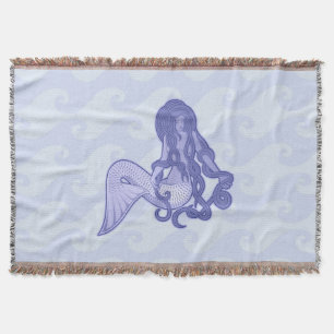 Sitting Mermaid Blue Throw Blanket