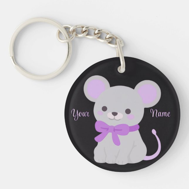 Sitting Mouse Purple Bow Cute Kawaii Custom Keychain (Front)