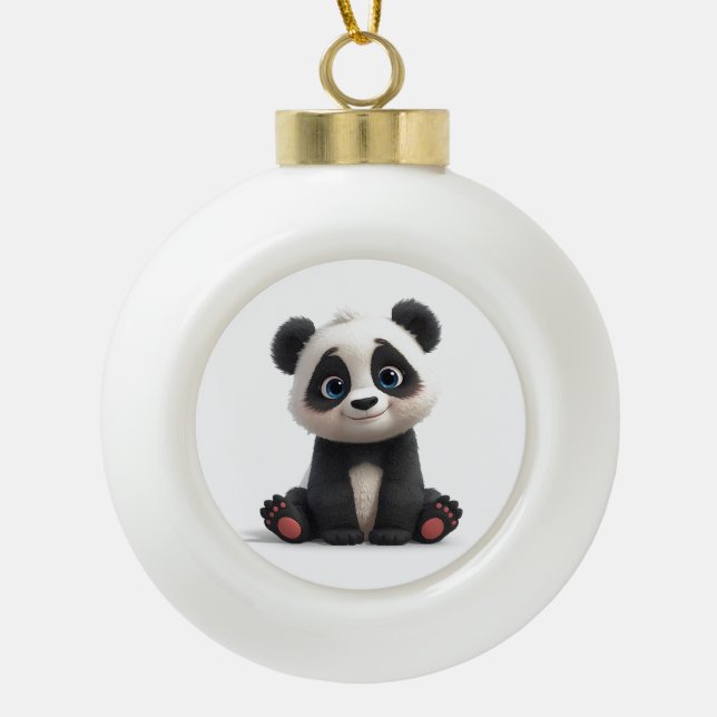 Sitting Panda Bear Cartoon Illustration Artwork Ceramic Ball Christmas Ornament (Front)