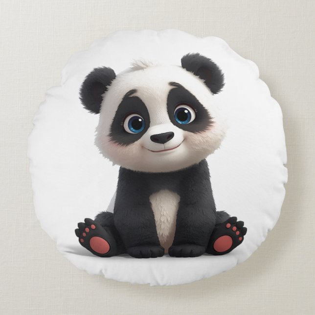 Sitting Panda Bear Cartoon Illustration Artwork Round Pillow (Front)