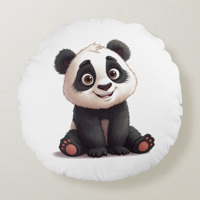 Sitting Panda Bear Cartoon Illustration Artwork Round Pillow (Front)