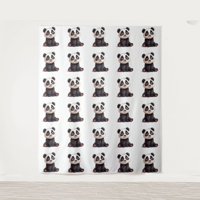 Sitting Panda Bear Cartoon Illustration Artwork Tapestry (Front)